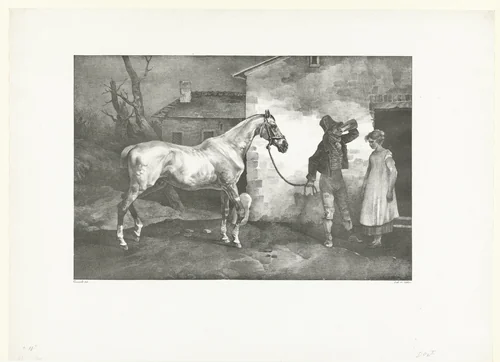 Man met een paard bij een herberg by Théodore Géricault, print, 1822