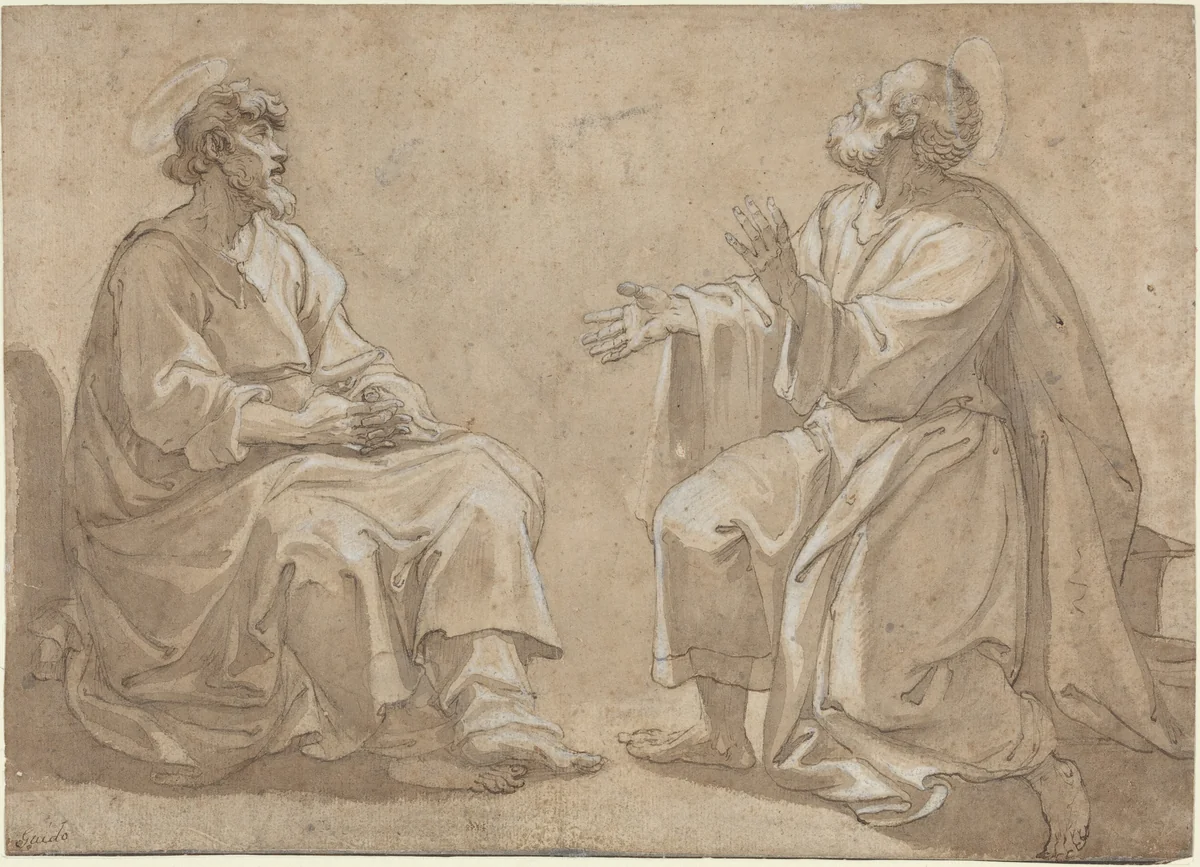 Two Seated Saints by French 17th Century, drawing, 1600-1699