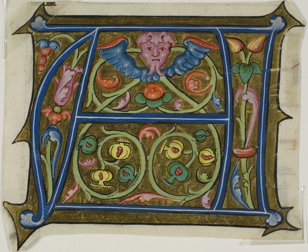 Decorated Initial "A" with Grotesque and Flora from a Choir Book by French, painting, 1401-1500