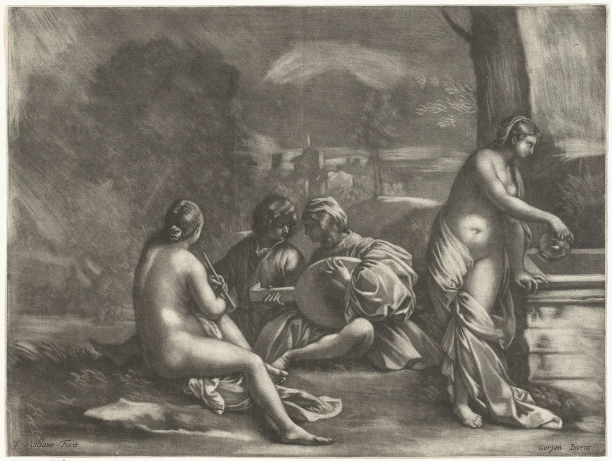 Gezelschap bij een bron by Jacques Vaillant, print, 1653-1691