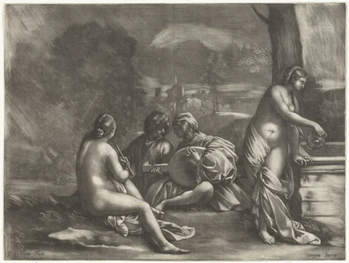 Gezelschap bij een bron by Jacques Vaillant, print, 1653-1691