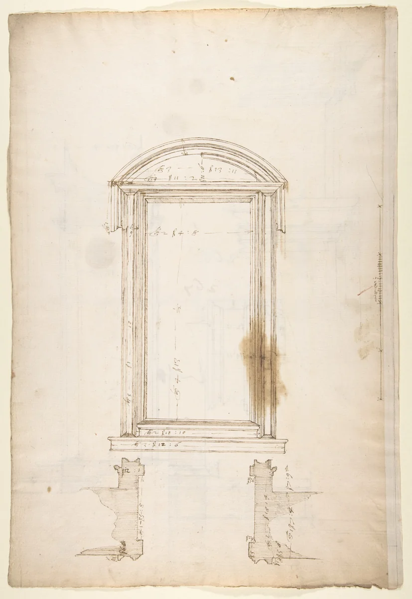 San Lorenzo, Library, Ricetto, portal to Ricetto, elevation; plan (recto) San Lorenzo, Library, Ricetto, portal to Ricetto, section; details (verso) by anonymous, drawing, 1500-1560