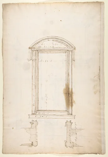 San Lorenzo, Library, Ricetto, portal to Ricetto, elevation; plan (recto) San Lorenzo, Library, Ricetto, portal to Ricetto, section; details (verso) by anonymous, drawing, 1500-1560