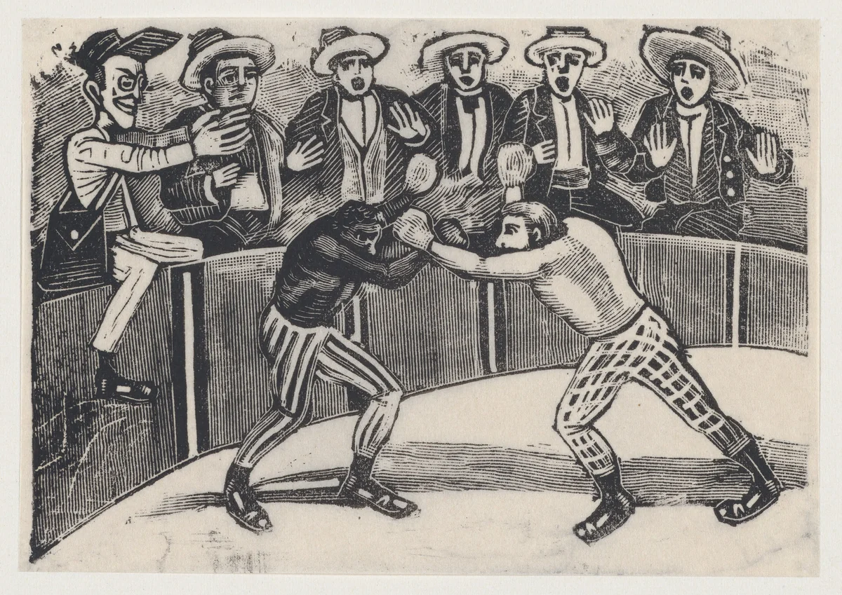 Don Chepito witnessing a boxing match between two men (one black, the other white) by José Guadalupe Posada, print, 1891-1901