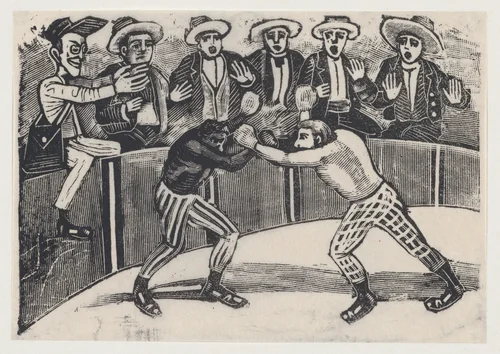 Don Chepito witnessing a boxing match between two men (one black, the other white) by José Guadalupe Posada, print, 1891-1901