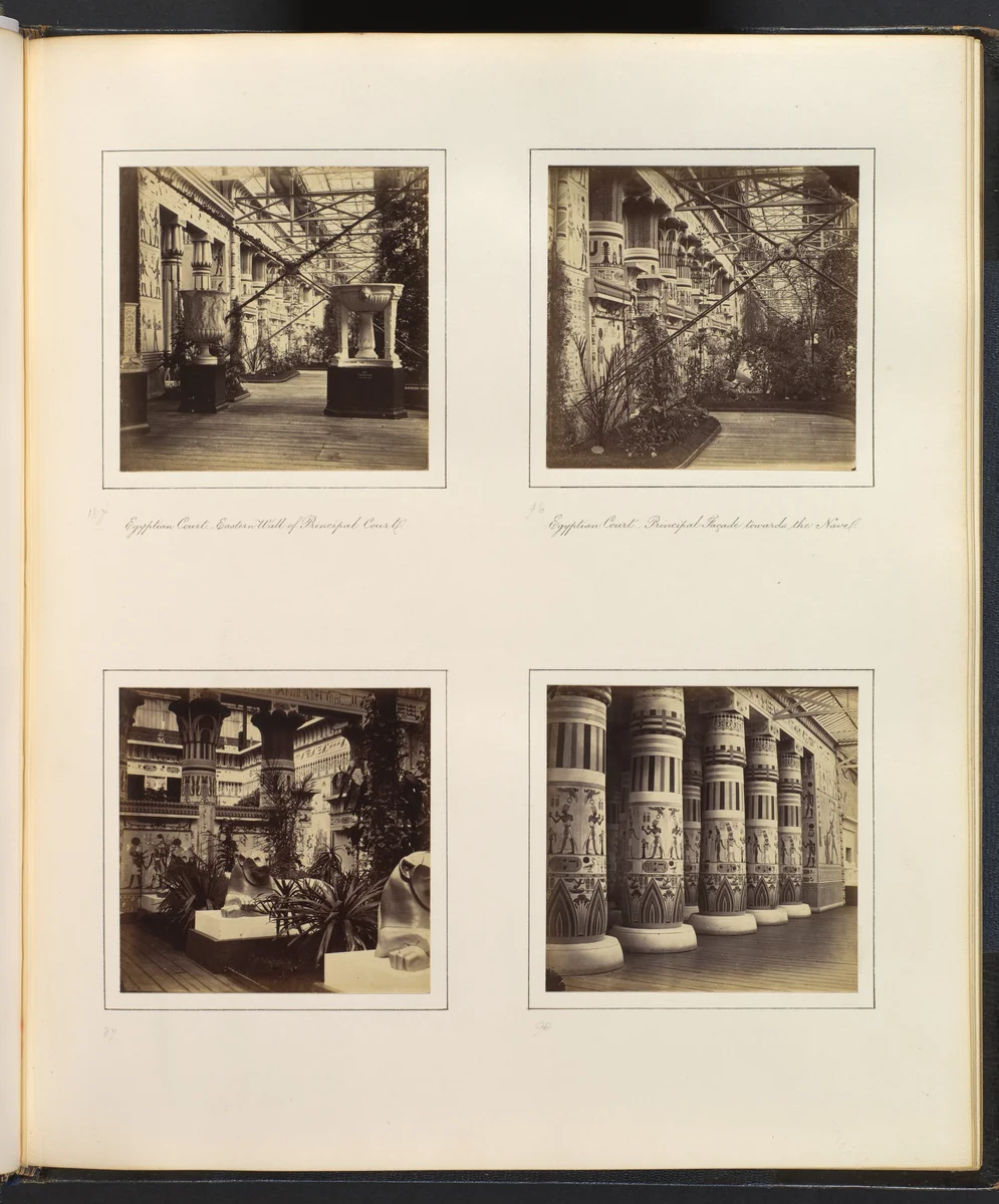 [Egyptian Court, Eastern Wall of Principal Court; Egyptian Court, Principal Facade towards the Nave; Lions in the Egyptian Court; [Colonnade Adorned with Egyptian Paintings] by Philip Henry Delamotte, photograph, 1857-1861