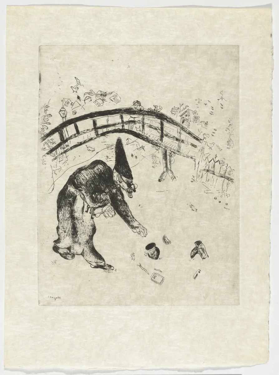 Pliouchkine Scavenging Under the Bridge (Pliouchkine ramassant sous le pont), plate XLII (supplementary suite) from Les Âmes mortes by Marc Chagall, illustrated book, 1923