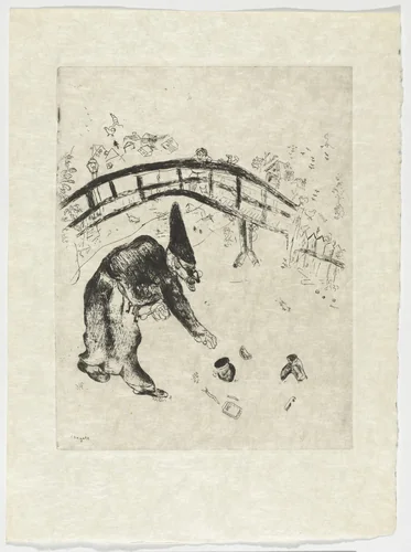 Pliouchkine Scavenging Under the Bridge (Pliouchkine ramassant sous le pont), plate XLII (supplementary suite) from Les Âmes mortes by Marc Chagall, illustrated book, 1923