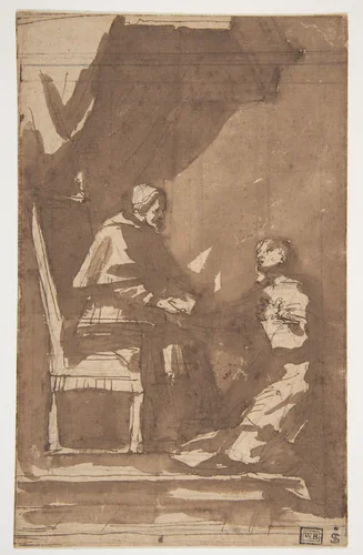 Young Cleric Kneeling before a Pope by Pietro Antonio de' Pietri, drawing, 1663-1716