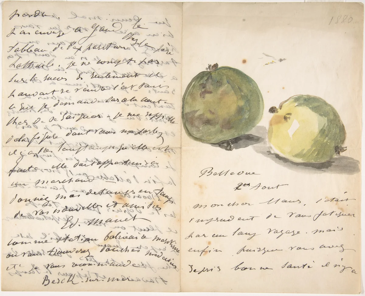 A Letter to Eugène Maus, Decorated with Two Apples by Edouard Manet, drawing, 1880