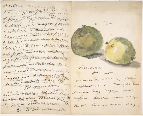 A Letter to Eugène Maus, Decorated with Two Apples by Edouard Manet, drawing, 1880