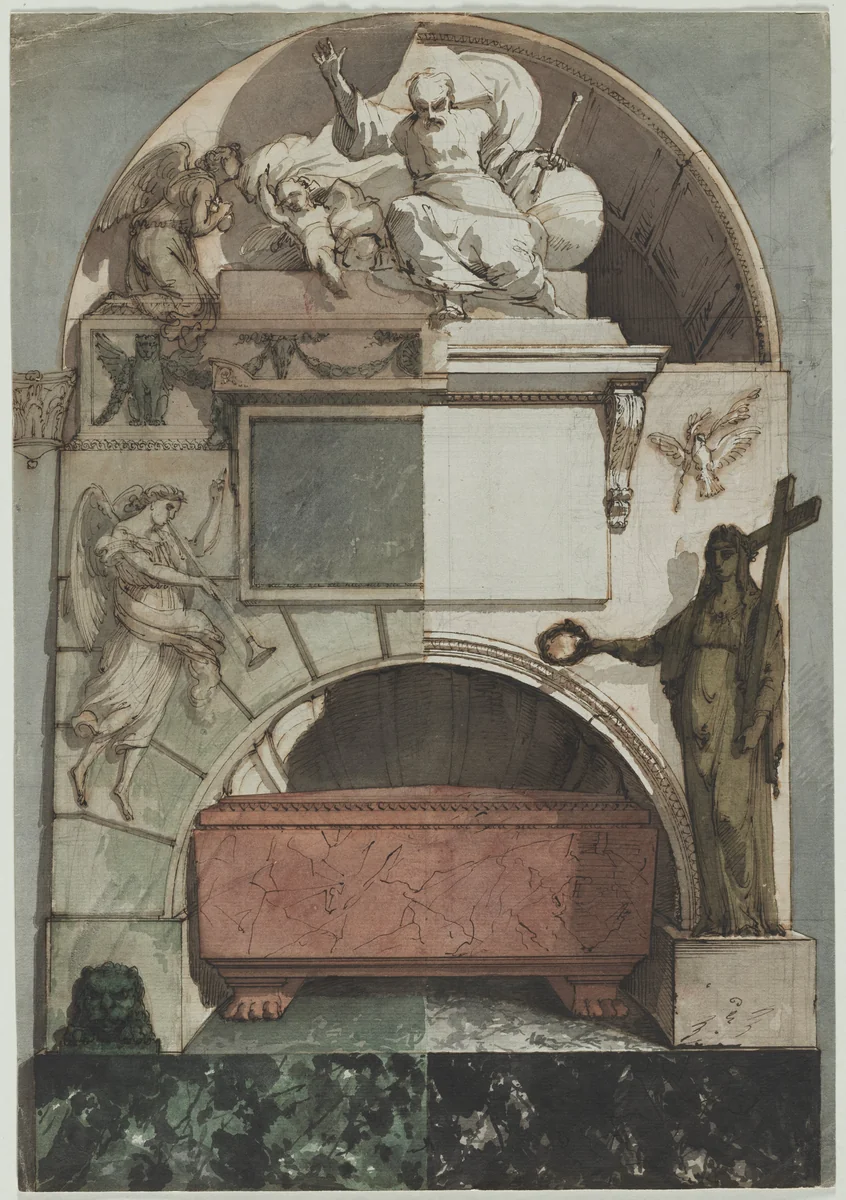 Design for a Fresco of an Artist's Tomb in the Certosa of Bologna (recto) by Pietro Fancelli, drawing, 1805-1825