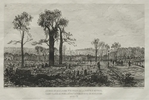 Souvenirs artistiques du Siége du Paris: Avenue de Boulogne, Vue Prise de la porte d'Auteuil, St. Cloud au fond, Dévastation du Bois de Boulogne by Maxime Lalanne, print, 1879-1881