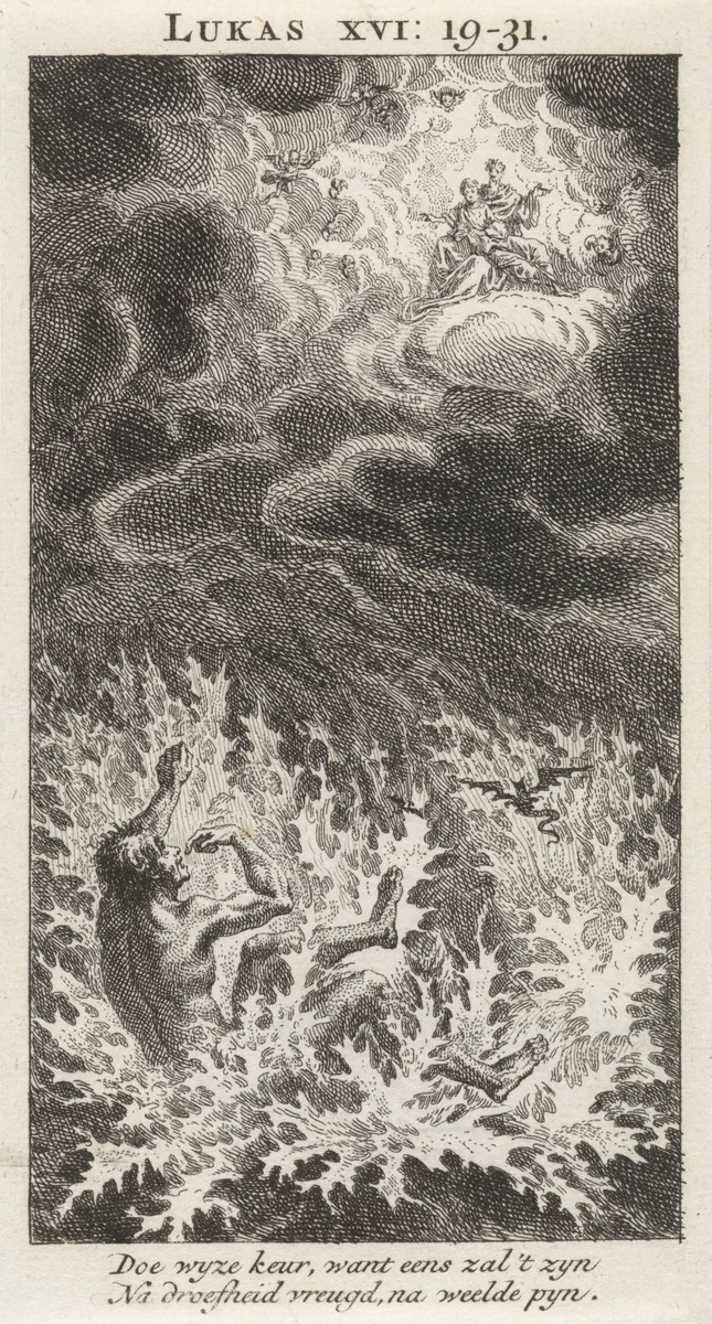 Lazarus in Abrahams schoot en de rijke man in de hel by anonymous, print, 1712