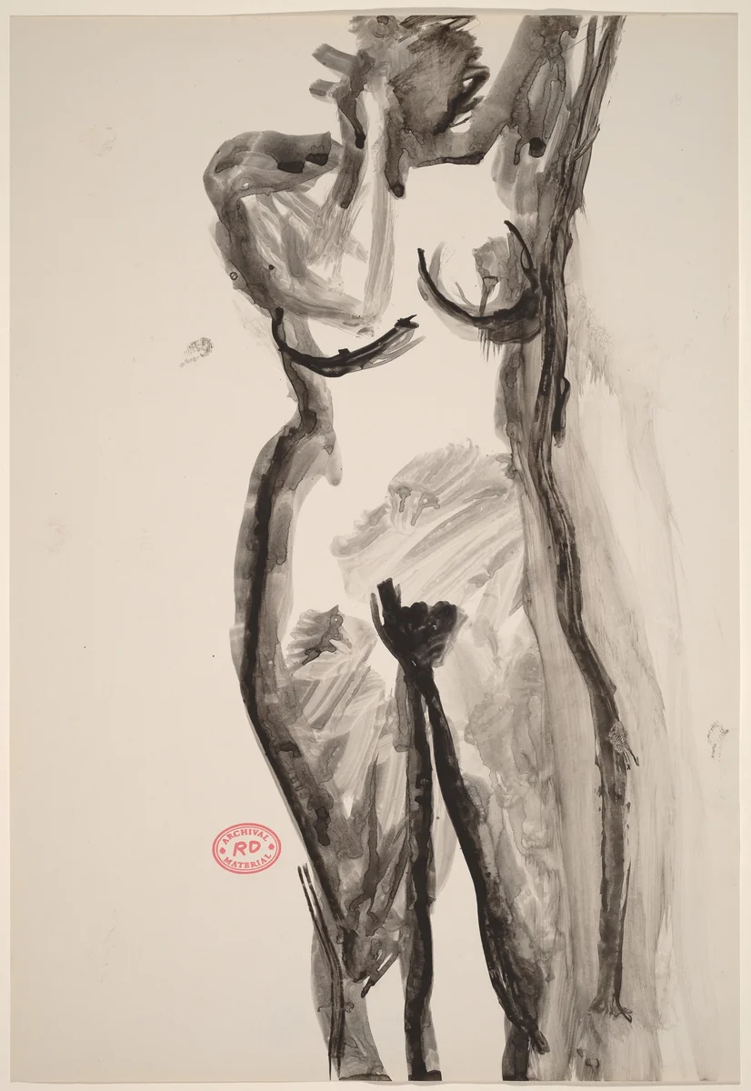 Untitled [front view of standing nude with her left arm raised] by Richard Diebenkorn, drawing, 1955-1967