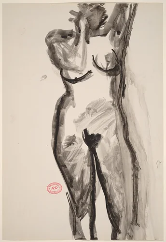 Untitled [front view of standing nude with her left arm raised] by Richard Diebenkorn, drawing, 1955-1967