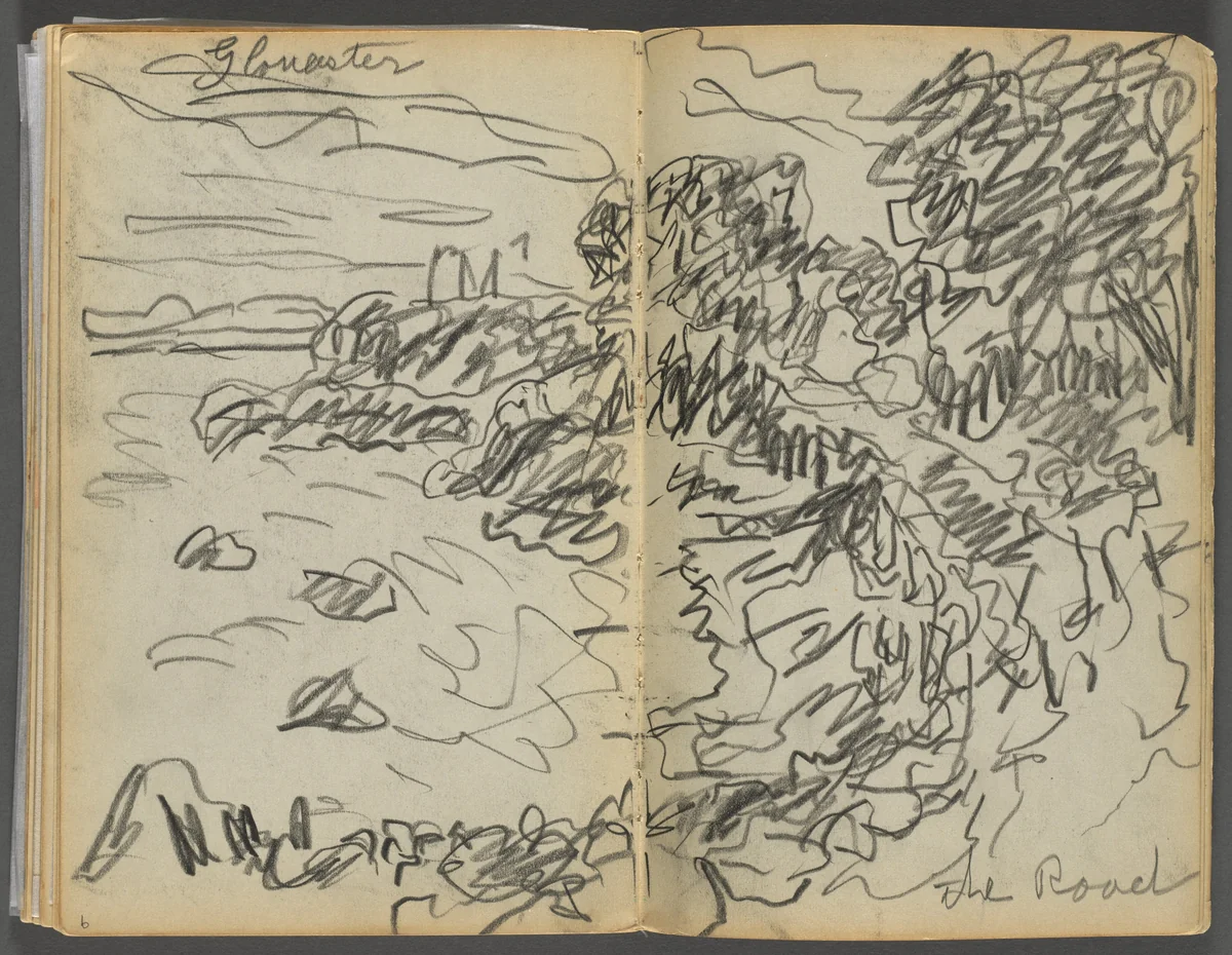 Sketchbook- The Granite Shore Hotel, Rockport, page 008 & 9: "Gloucester- The Road" by Maurice Prendergast, book, 1905-1910