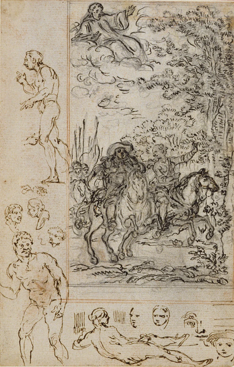 Study for Vignette in Voltaire's "La Pucelle d'Orleans", with Sketches of Heads and Nude Figures by Hubert François Gravelot, drawing, 1762-1773
