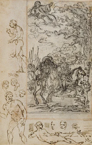 Study for Vignette in Voltaire's "La Pucelle d'Orleans", with Sketches of Heads and Nude Figures by Hubert François Gravelot, drawing, 1762-1773
