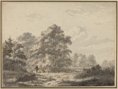 Hunters at the Edge of the Woods by Jacobus Theodorus Abels, drawing, 1833