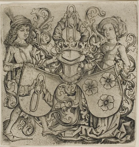 Coat of Arms of Rohrbach and Eilge von Holzhausen by Monagrammist b. g., print, 1470-1485