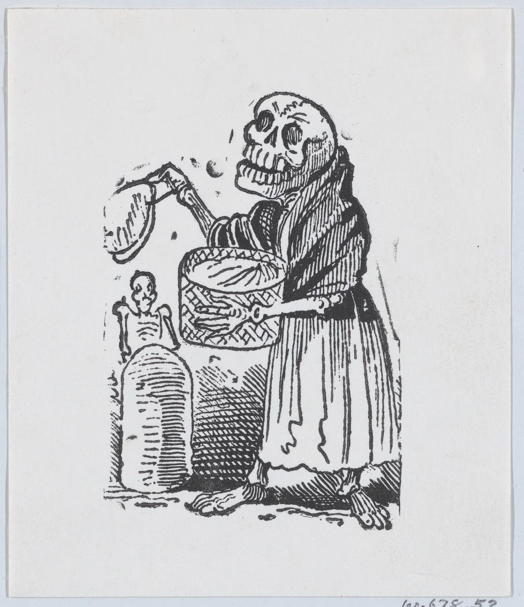 A skeleton selling tortillas from a broadside entitled 'Una Calavera Chusca' by José Guadalupe Posada, print, 1875-1885