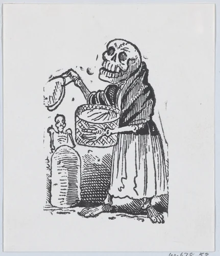 A skeleton selling tortillas from a broadside entitled 'Una Calavera Chusca' by José Guadalupe Posada, print, 1875-1885