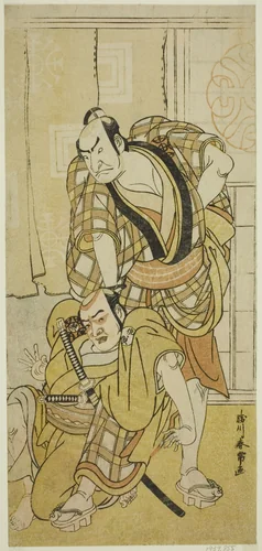 The Actors Nakamura Nakazo I as Tenjiku Tokubei (?) (right) and Bando Kumajuro as the Shopman Dempachi (?) (left), in the Play Keisei Katabira ga Tsuji (?), Performed at the Ichimura Theater (?) in the Eighth Month, 1783 (?) by Katsukawa Shunjo, print, 1778-1788