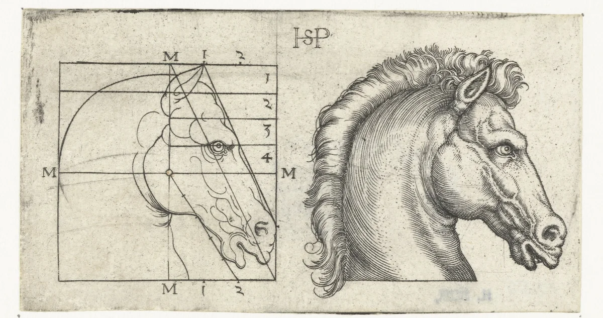 Paardenhoofd en tekening in schema volgens proportieleer by Unknown, print, 1510-1550