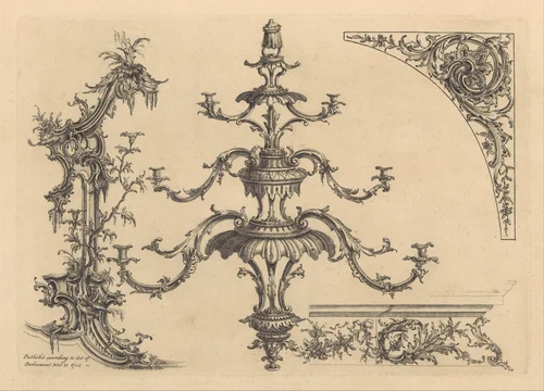12 plates from 'A New Book of Ornaments with Twelve Leaves Consisting of Chimneys, Sconces, Tables, Spandle Panels, Spring Clock Cases, Stands, a Chandelier and Girandole, etc.' by Matthias Lock, book, 1752