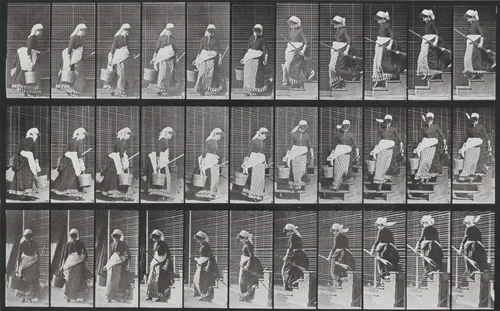 Plate Number 148. Descending stairs, turning carrying a bucket of water and a broom by Eadweard Muybridge, photograph, 1887