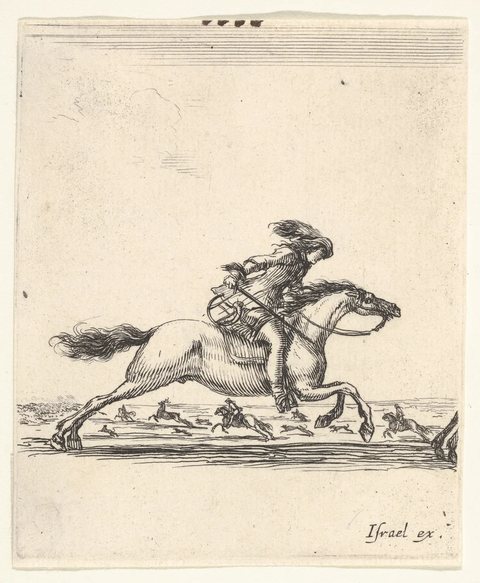 A horseman with sword in hand galloping towards the right, other horsemen galloping towards the left in the background, from "Various cavalry exercises" (Diverses exercices de cavalerie) by Stefano della Bella, print, 1642-1645