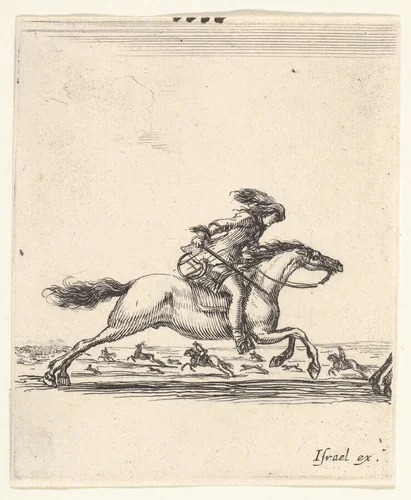 A horseman with sword in hand galloping towards the right, other horsemen galloping towards the left in the background, from "Various cavalry exercises" (Diverses exercices de cavalerie) by Stefano della Bella, print, 1642-1645