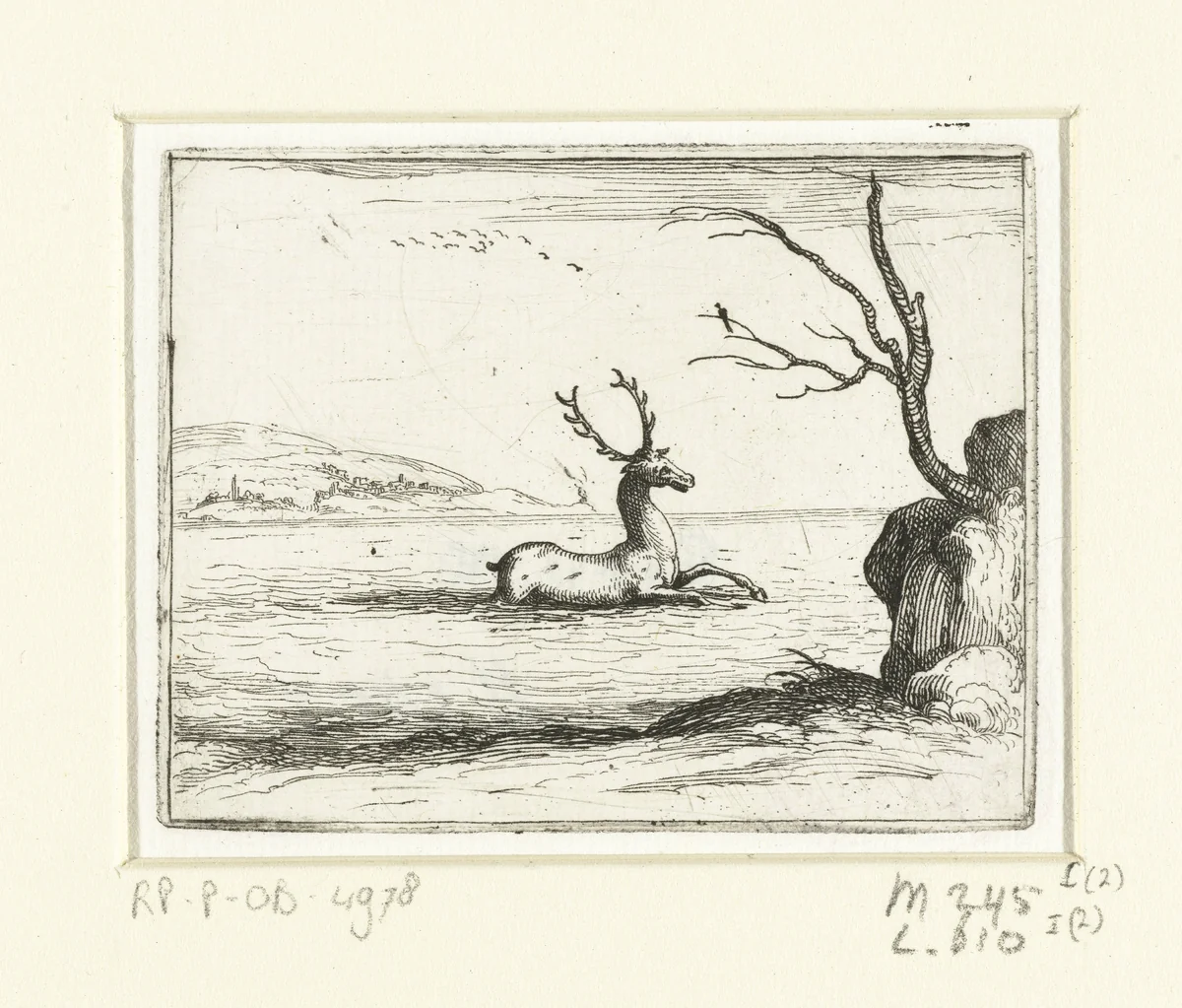 Hert zoekt verkoeling in het water by Jacques Callot, print, 1621-1635