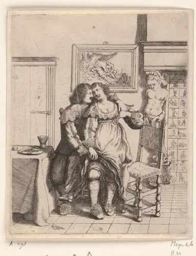 A Woman Seated on a Man’s Lap by Willem Basse, print, 1634
