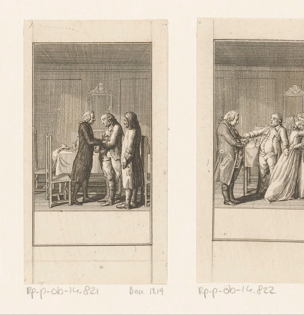 Gesprek tussen de jager, pastoor en Schulze by Daniel Nikolaus Chodowiecki, print, 1786