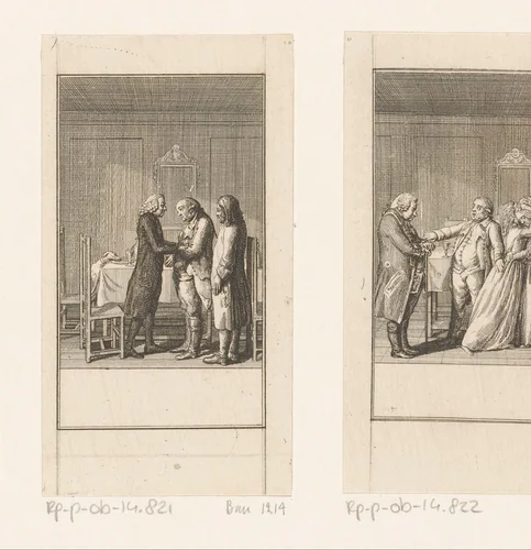 Gesprek tussen de jager, pastoor en Schulze by Daniel Nikolaus Chodowiecki, print, 1786