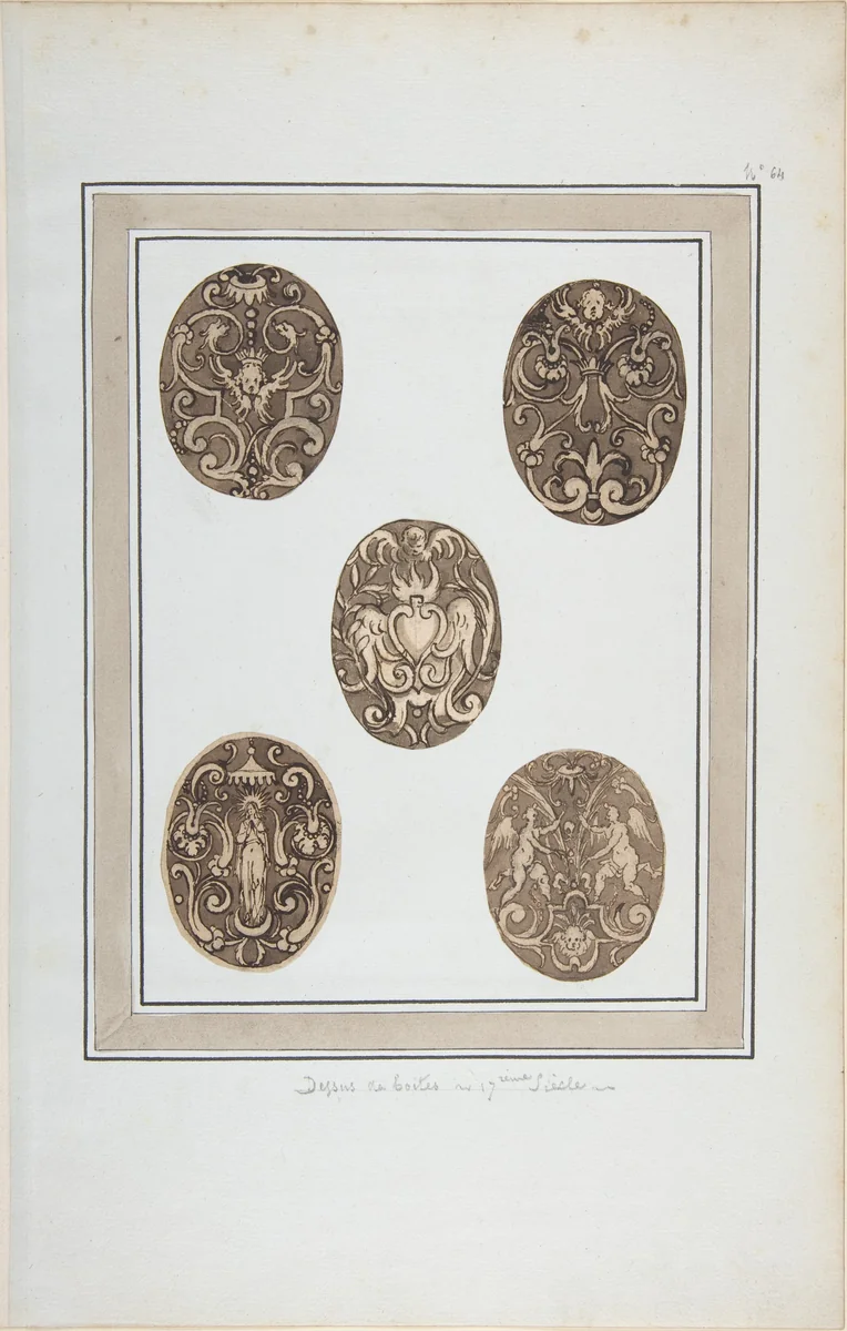 Oval Ornament Designs for Boxes by anonymous, drawing, 1600-1700