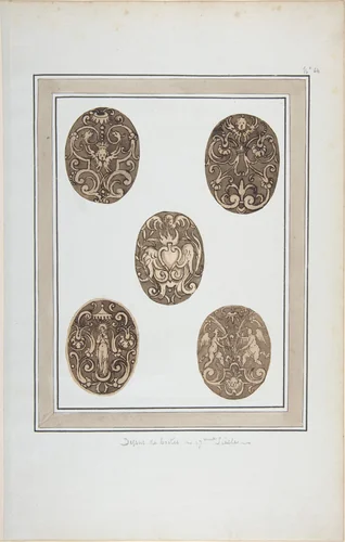 Oval Ornament Designs for Boxes by anonymous, drawing, 1600-1700