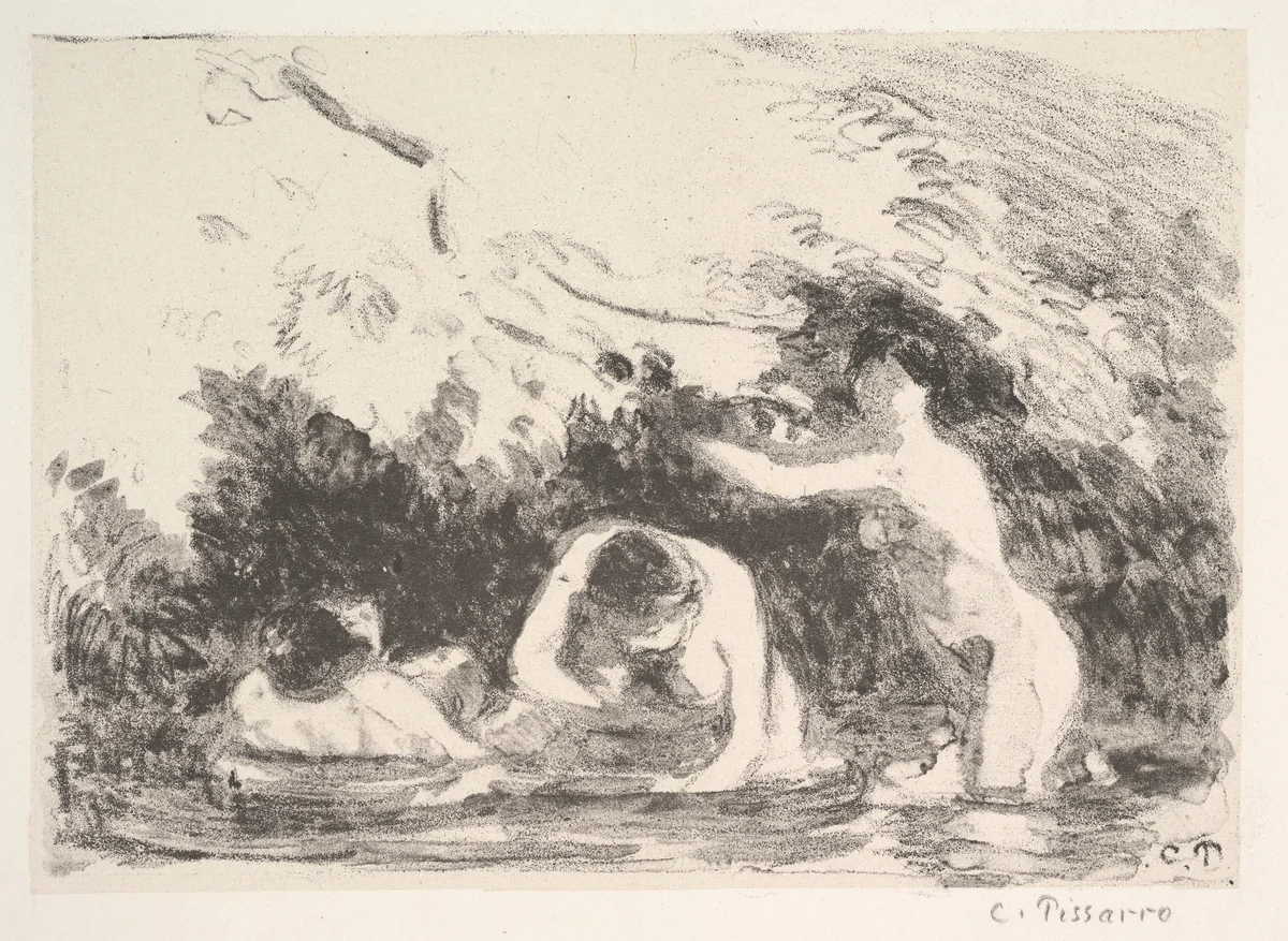 Bathers in the Shade of Wooded Banks by Camille Pissarro, print, 1894