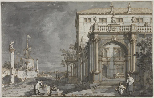 Capriccio: A Palace with a Courtyard by the Lagoon by Antonio Canaletto, drawing, 1750-1755