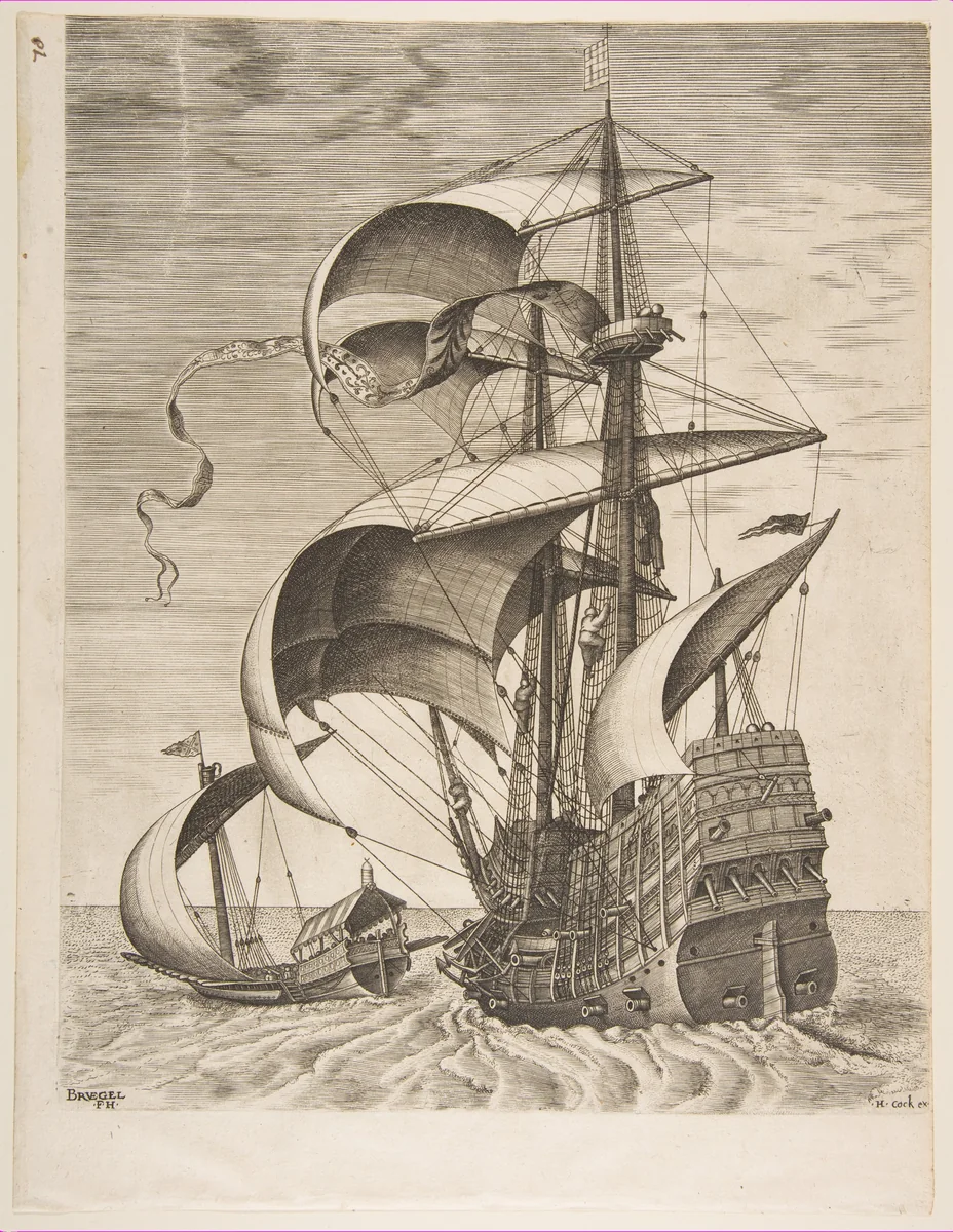 Armed Three-Master on the Open Sea Accompanied by a Galley from The Sailing Vessels by Pieter Bruegel, print, 1561-1565