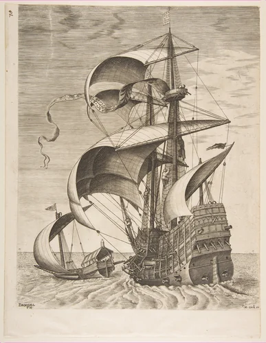 Armed Three-Master on the Open Sea Accompanied by a Galley from The Sailing Vessels by Pieter Bruegel, print, 1561-1565