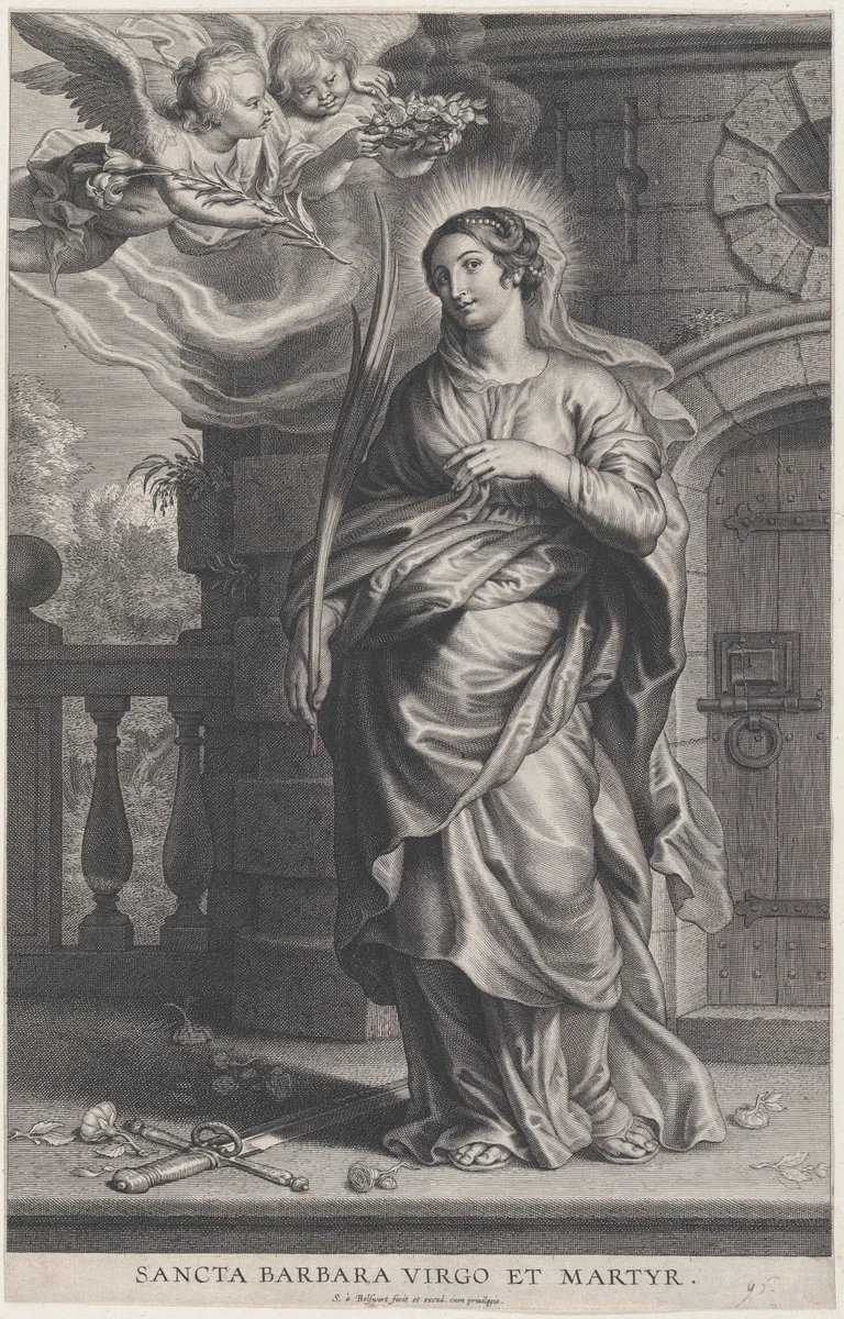 Saint Barbara holding palm leaves with a sword and flowers at her feet, two putti overhead holding a laurel by Schelte Adams Bolswert, print, 1620-1659