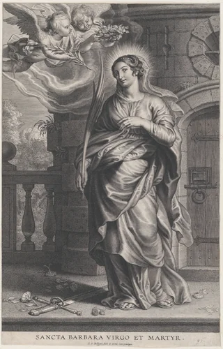 Saint Barbara holding palm leaves with a sword and flowers at her feet, two putti overhead holding a laurel by Schelte Adams Bolswert, print, 1620-1659