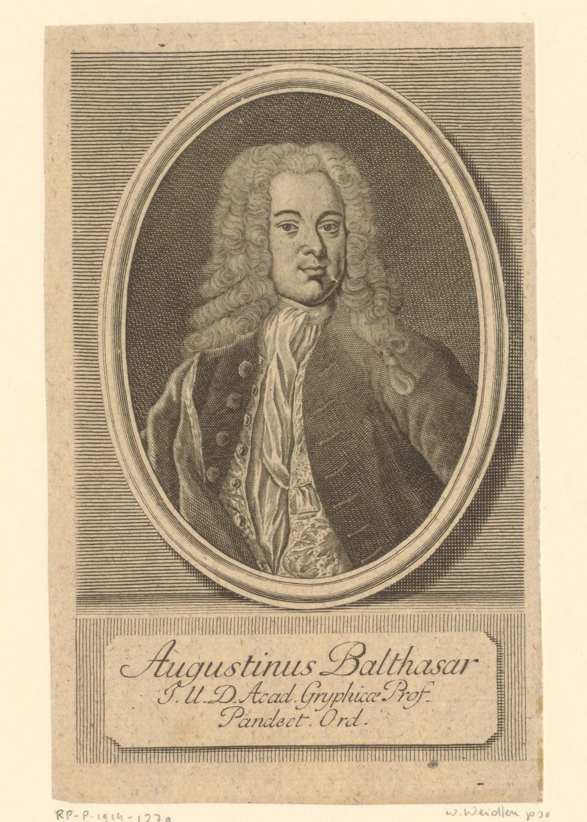Portret van Augustin Balthasar by Johann Martin Bernigeroth, print, 1743