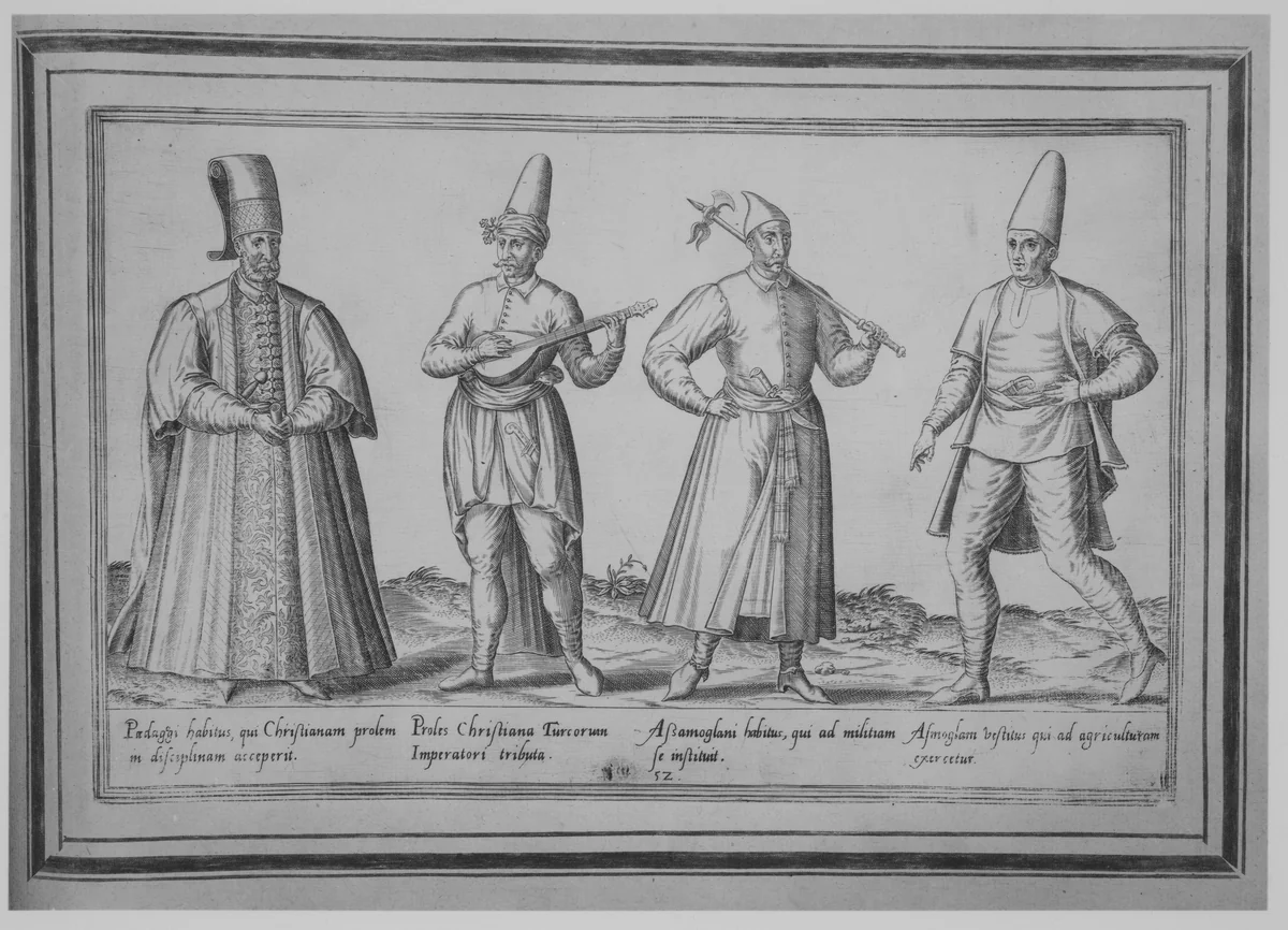 Paedagogi habitus, qui Christianam prolem in disceplinam acceperit; Proles Christiana Turcorum Imperatori tributa; Assamoglani habitus, qui ad militiam se instituit; Asmoglam vestituis qui ad agriculturam exercetur by Abraham de Bruyn, book, 1580