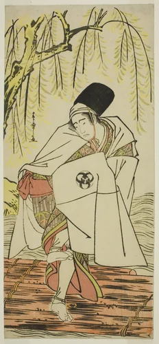 The Actor Bando Mitsugoro I as the Shinto Priest Goinosuke Disguised as the Spirit of a White Heron, in the Play Sakikaese Yuki no Miyoshino, Performed at the Morita Theater in the Eleventh Month, 1781 by Katsukawa Shunsho (勝川 春章), print, 1776-1786