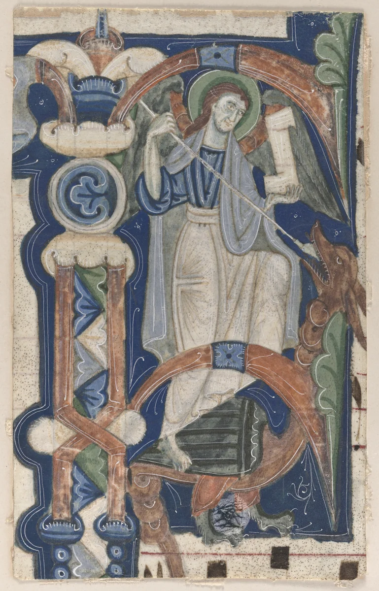 Historiated Initial (P) Excised from a Choral Book: St. Michael and the Dragon by Unknown, manuscript, 1200-1225