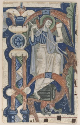Historiated Initial (P) Excised from a Choral Book: St. Michael and the Dragon by Unknown, manuscript, 1200-1225